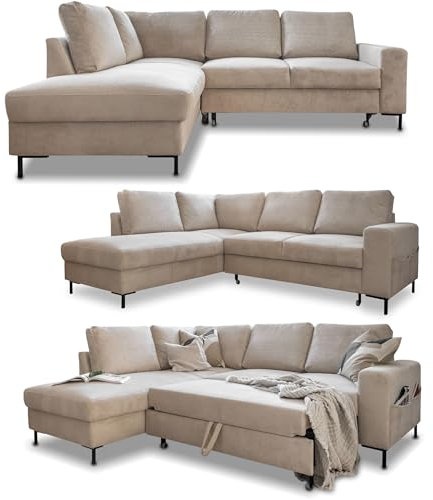 MIUFORM Ecksofa mit Schlaffunktion, Lofty Lilly Wohnlandschaft L-Form, Couch L Form Wohnladschaft mit Schlaffunktion Schlafcouch, Sofa Cord Metallfüße (Beige, Links ausgerichtet)