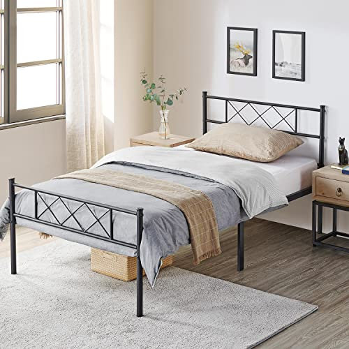 Yaheetech Modern Metallbett Bettgestelle mit Lattenrost, Doppelbett/Einzelbett, Bettrahmen mit Kopfteil, Gästebett Jugendbett für Schlafzimmer Gästezimmer 90x200 cm/Schwarz