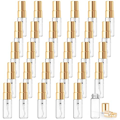 Cositina 30 Pack 3ml Fine Mist Atomizer Glass Bottle Mini Clear Spray Vials Empty Refillable Perfume Bottles with Gold Lids for Fragrance Scent Liquid Sample DIY Sprays