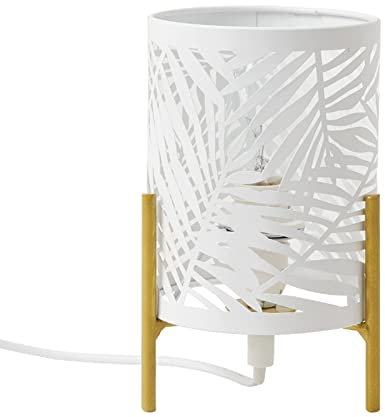 OuXean Lampada da tavolo decorativa, stelo a treppiede dorato con paralume in metallo bianco incavato, luce notturna per comodino, camera dei bambini, soggiorno, dormitorio, E14 40W, senza lampadina