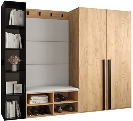 MEBLE KRYSPOL Garderobe MIRO Set 4 mit gepolsterten Paneelen Modern Design (weißes Öko-Leder, Eiche Kraft Gold + Schwarz Matt)