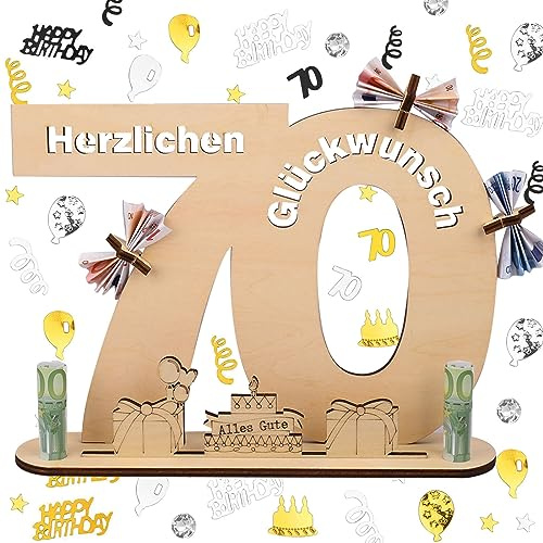 ERBO Holzschild Gästebuch, 70 Geburtstag Deko Konfetti Frau Mann, Gästebuch mit Ständer und 5 Holzpentagramme, Geldgeschenke Geburtstag, Geburtstagskarte, Geschenke Schild 70 Jahre Hochzeitstag