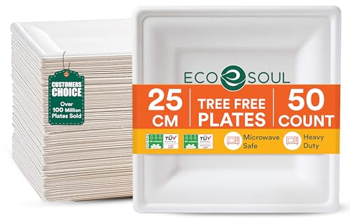 ECO SOUL Pearl White Square 10” (25cm) Bagasse Pappteller (50 Stück) Einweggeschirr und 100% Kompostierbares, Umweltfreundlich Partygeschirr, Robust Campinggeschirr, Mikrowellen- und Ofenfest