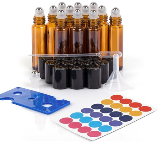 ComSaf 10 ml glasflaskor för eteriska oljor, set med 12 tomma flaskor med rullkula i rostfritt stål, tratt, öppnare, etiketter, pipetter, för aromaterapiblandningar, massage, olja