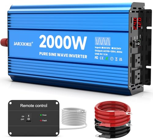 JARXIOKE 2000 Watt Pure Sine Wave Power Inverter, 24V dc to 110 Vdc to 120 Vdc, for Home, RV and Off-Grid Solar Systems, with 2 AC Outlets and USB Port, LCD Display, with Remote Control
