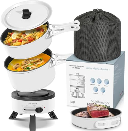ENFRIFAM Elektrischer Hot Pot mit Faltbare Handhaben, Tragbar Multikocher mit Hotpot und Bratpfanne für Wohnmobil, Wohnheim, Büro, Outdoor, Camping, 1,8 L Suppentopf + 1,1 L & 0,75 L Bratpfanne