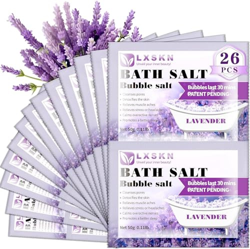 LXSKN Bath Salts - 26 PCS Bubble Salt - Individually Packaged Bathing Alternative to Epsom Salt Relieves Muscle Pain Bubble Bath for Men and Women, Relaxes and Promotes Better Sleep