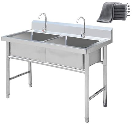 Freistehendes Edelstahl-Doppelwaschbecken für den Außenbereich, Küchenspüle, Rückwand für Waschküche, Garage, Badezimmer, Hinterhof, Bauernhaus (39,4 Zoll x 19,7 Zoll)