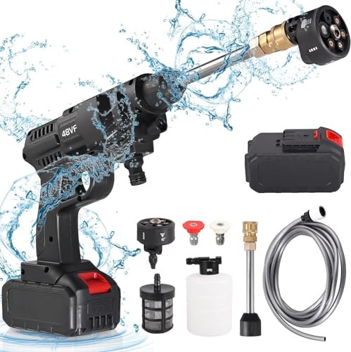 JUSTOOL Cordless Pressure Washer 20V 3.0Ah Portable Battery Powered Pressure Washer 450PSI with 6-in-1 Adjustable Nozzle 6m Hose Suitable for Household Washing Cars/Fences/Siding