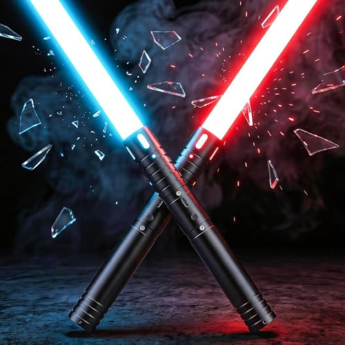 MOZC Spada Laser, Spade Laser Bambino con 15 Colori, Lightsaber Duello per 4 modalità Suoni, Spada Laser Ricaricabile USBC con Manico Metallico, Spade Laser per Halloween, Regalo di Natale (Nero 2PC)