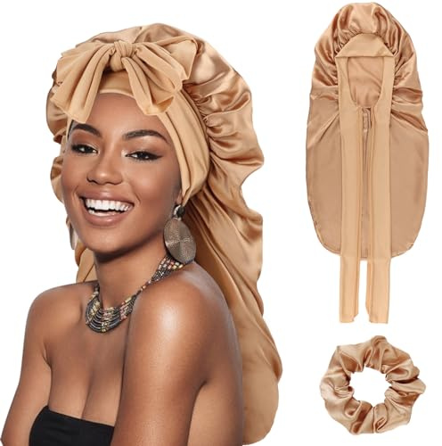 DRESHOW Lange Satin Zopfhaube für Damen Seidenhaube zum Schlafen Schlafmütze mit Elastischem Band Nachtmütze für Lange Lockiges Haar Locs