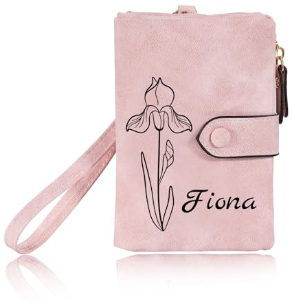 INBLUE Individuelle Leder Geldbörse für Frauen Geburt Blume mit Namen Damen Geldbörse Kleine Münze Geldbörse mit Handgelenk Strap Personalisiertes Geschenk für Muttertag Geburtstag - Rosa