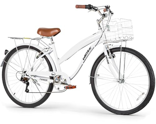 WEIZE Beach Cruiser Bike, 26 inch Commuter Bicycle for Adult Men and Women, 7-Speed/High-Carbon Steel/Front & Rear Fenders, Comfortable City Bikes with Rear Rack&Basket, Ergonomic Upright Design,White