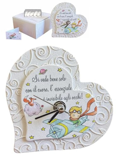 Regalami.shop bomboniera orologio con Piccolo Principe in marmo di Carrara ricomposto, completo di scatola, bigliettino coordinato e scatolina porta confetti (1, Cuore)