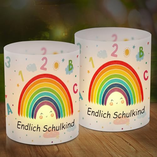 12 Windlicht Tischdeko Einschulung Regenbogen, Schulanfang Deko, Windlichter Tischdeko Endlich Schulkind, Einschulung mit Regenbogen, Geeignet für Teelicht oder Kerzen