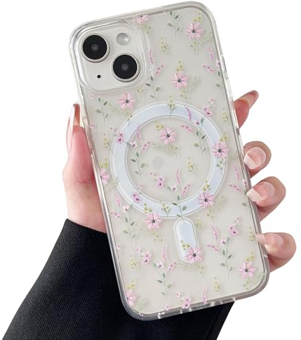 ZTOFERA kompatibel mit MagSafe,für iPhone 15 Hülle Blumen,Rosa Blume | Transparente, Weicher TPU-Rahmen,stoßfest und schützend,leicht abnehmbar