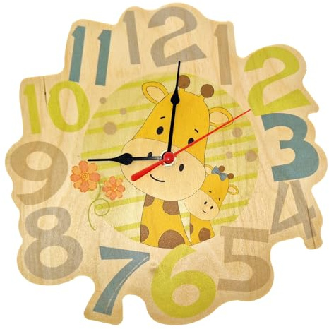 Hess Träleksak 30015 – väggklocka av trä, giraff Emil, barnklocka med kvartsur, diameter ca. 26 cm, handgjord dekoration för baby och småbarn