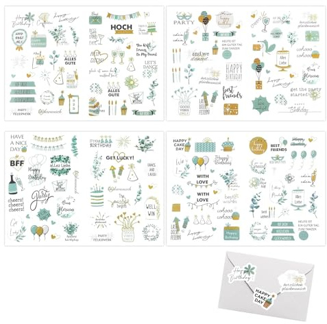 4-Stück Sticker Geburtstag Gästebuch, 170 Motive Geburtstags Party Sticker, Aufkleber Fotobuch DIY Geburtstag Set, Aufkleber für Fotoalbum, Gästebuch, Geburtstagskarten, Geschenke | Happy Birthday