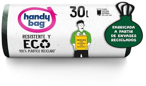 Handy Bag Bolsas de Basura Resistente y Eco, 100% Reciclado, Antigoteo, Autocierre, 30L, 12 Bolsas, 1 paquete