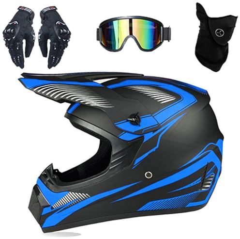 Casque de Motocross Pour Jeunes Et Adultes, Homologué DOT, Avec Lunettes, Gants, Masque, Casque de Moto Tout-Terrain, éQuipement de Protection Pour Moto, VTT, Cross-Country(Blue track,M(54-55cm))