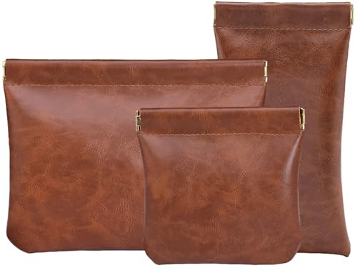 Hapforever 3PCS Pouchic Snap Closure Pouches, Pu Leather Small Makeup Bag for Purse Mini Cosmetic Bags for Travel Makeup Pouch Purse for Women Three Sizes Coin Purses Organizer Storage Pouch(Brown)