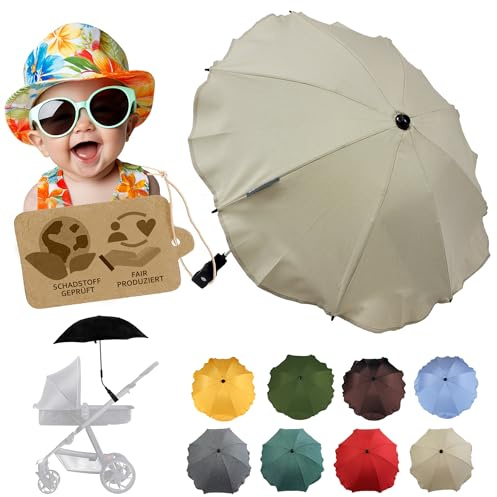 Sonnenschutz universal Sonnenschirm für Kinderwagen Buggy (mel beige) | UV Schutz 50+, Universalhalterung, biegsamer Schirm, für Rund- und Ovalrohre, verstellbar