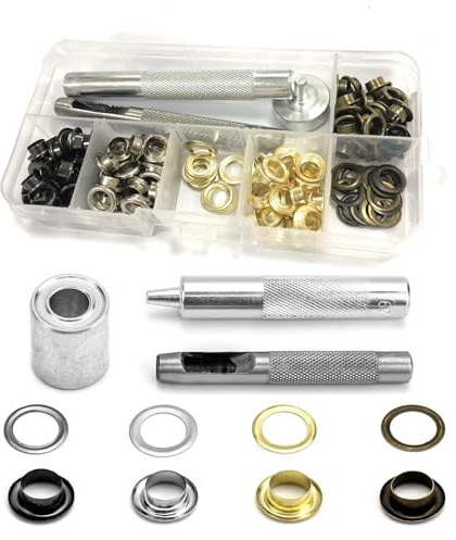 Grommet Tool Kit - 120 Pcs Grommets Eyelets Pliers Set, 6mm Metal Washers Setting with Punch for Tarpaulin Leather Fabric Curtain Pool Cover