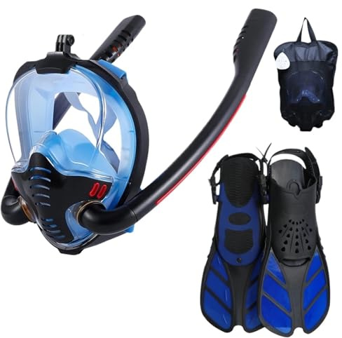 RVIFY Taucherbrille Unisex-Vollgesichts-Schnorchelmaske und Flossen-Set – kristallklare 180°-Panoramasicht, sicherer, auslaufsicherer Verschluss(Black-Blue,L/XL)