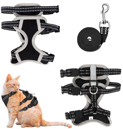 MOTIBACK Katzengeschirr mit Leine Ausbruchsicher, Metallring, Leichtes Weiches Reflektierendes Verstellbares Geschirr für Kleine Katzen zum Spazieren und Reisen. (S)