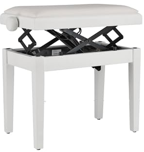 GEWA Pianobank Deluxe Autolift mit komfortabler Höhenverstellung, Massivholz, Weiss matt, Sitzbezug Vinyl Weiss