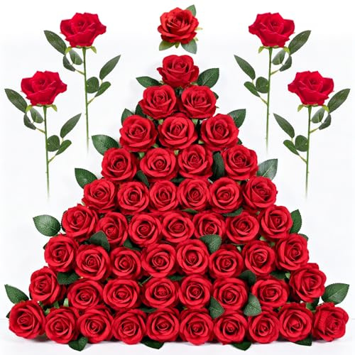 Yimomoyi 50 pezzi di rose artificiali rosse, singole a stelo lungo rosso scuro, rose artificiali realistiche per decorazioni nuziali, bouquet da sposa, proposte di matrimonio, feste di complea