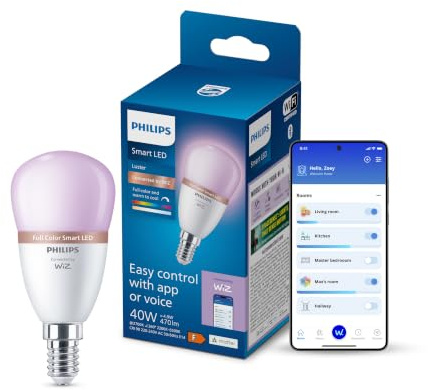 Philips Smart Lighting, LED RGB P45 Light Bulb, E14 Base | Colour and Tunable White Light 2200-6500 K, Smart LED, 470 Lm, Low Dimming, Bluetooth App Control, Smart Home