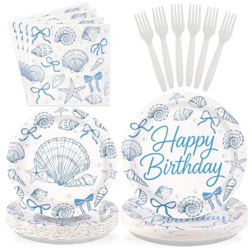 Greencian 96Pcs Seashell Birthday Party Decorations Blue Bow Seashell Ocean Dessert Plates and Napkins Beach Starfish Tableware Set for Summer Kids Girls Boys Birthday Party Supplies Serves 24