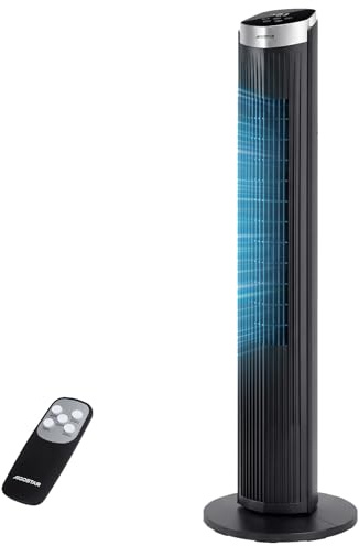 Aigostar 40-Inch Bladeless Tower Fan with Remote, 55W Powerful Quiet Cooling Fan for Bedroom, 90° Oscillation, 3 Speeds & 3 Modes, 12H Timer, LED Touch Display & Anti-Tip Base, Black - Harbor
