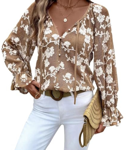 UERSJWYSO Top Casual da Donna con Ricami Floreali All'Uncinetto Sexy Scollo A V Bottoni Camicetta Trasparente Lavorata A Maglia E Traforata,Marrone,L
