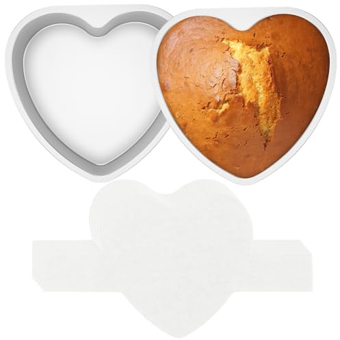 HuhWafee 2 stampi da forno a forma di cuore, 100 fogli con manici, in lega di alluminio, resistenti alla ruggine, 18 cm di larghezza, adatti per torte, brownies, torte, lasagned