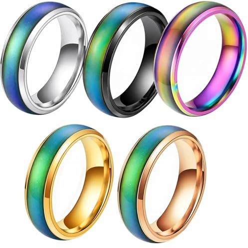 Yupaluz 5 Pcs Kids Mood Ring Set,Kids Rings, Titanium Steel Temperature-Sensitive Colour-Changing Mood Ring For Kid, Women & Men As Gifts (Diameter: 16.5mm)