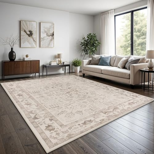 TT Home Boho Vintage Teppich Wohnzimmer Kurzflor - Retro Design, rutschfest & pflegeleicht, modern für Esszimmer & Flur Waschbar, Farbe:Beige 4, Größe:240x340 cm