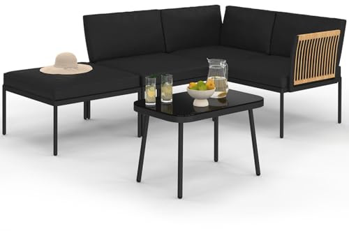 IDMarket - Niedrige Gartenmöbel Rio 4-Sitzer modular Metallstruktur schwarz, Seil mit Rattan-Effekt hell mit schwarzen Kissen