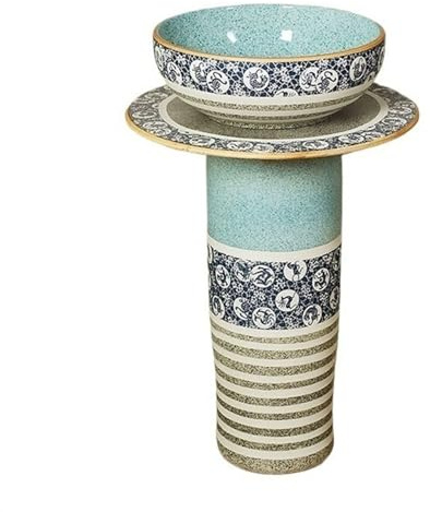 Lavabo in ceramica retrò con piedistallo – 3 pezzi lavabo artistico da pavimento con rubinetti e scarico, elegante lavabo da bagno per arredamento vintage, elegante design a colonna
