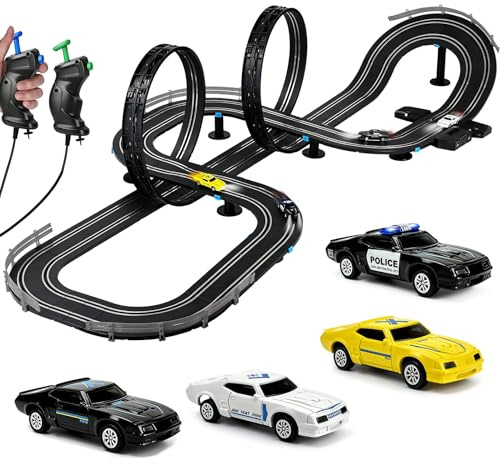 Autorennbahn, Rennstrecke Auto Spielzeug, Flexible Autorennbahn - 04 | 4 Slotcars, Doppelspur Rennstrecke & 2 Handreglern, Kabellose Rennbahn Spielzeug