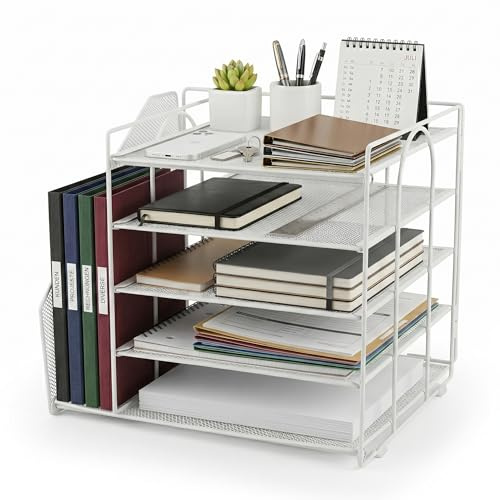 Schreibtisch Organizer 5 Ebenen Briefablage mit Vertikalem Aktenhalter, Mesh Büro Organizer für A4 Dokumente & Ordner, Platzsparende Dokumentenablage für Home Office & Schreibtisch Zubehör Weiß