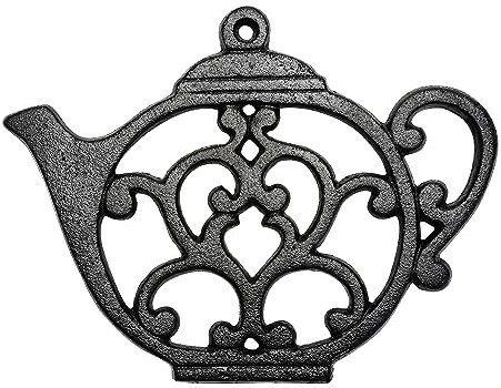 Sungmor Dessous de plat en fonte robuste et antirouille pour table de cuisine ou de salle à manger, 20,1 x 15,2 cm avec joli motif théière vintage Noir