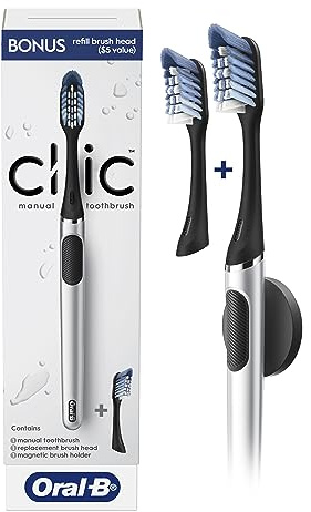 Oral-B Cepillo de dientes Clic, color negro cromado, con 1 cabezal de cepillo de repuesto y soporte magnético para cepillo de dientes