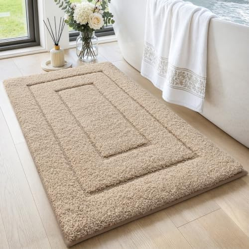 DEXI Bathroom Rug 32x20, Non Slip Washable Bath Mat for Shower Floor, Absorbent Soft Bathmat with Rubber Backing, Quick Dry Microfiber Carpet, Beige