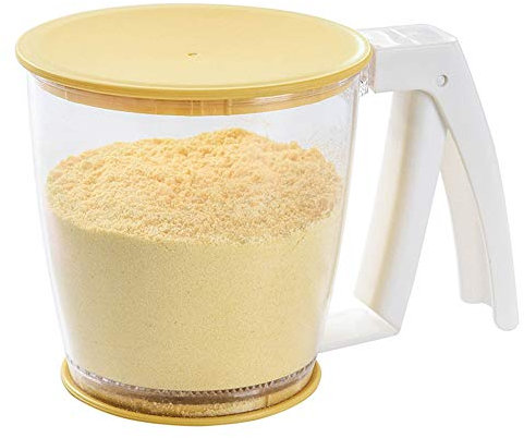 URFEDA Tamiz de harina, harina y colador de azúcar en polvo con asa, manual de instrucciones para azúcar en polvo, colador con tapa, colador con una sola mano para harina o azúcar en polvo, plástico sin BPA