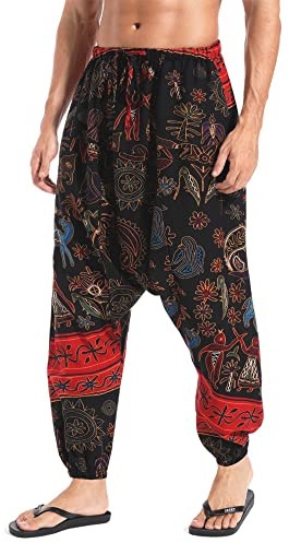 AITFINEISM Men's Causal Harem Pants Loose Drawstring Aladdin Boho Hippie Drop Crotch Trousers (Small, Red)