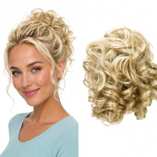 CAISHA Haarteil Haargummi Dutt Gelockt Messy Bun Hellblond Mix G11L | Haargummi für Hochsteckfrisuren, hitzebeständig, voluminös, unordentliche Donut-Accessoires, elastisches Band, Brautschmuck