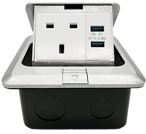Funey Pop up Electrical Outlet Cover Box, Floor sockets Table flushbonading Socket with 2 USB Chargers, Waterproof for Table Office Desktop Restaurant Kitchen Cafe Countertop, Silver