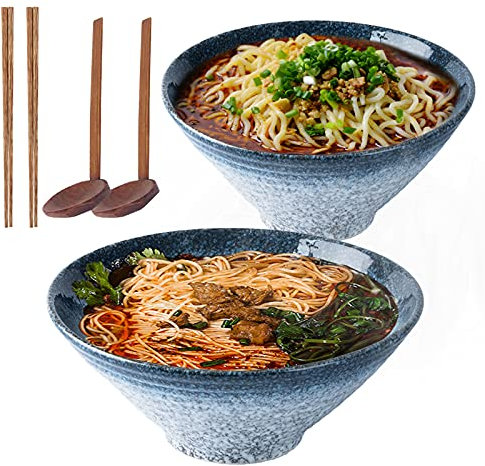 Cuenco de sopa de fideos Ramen japonés de cerámica de 9 pulgadas, 2 juegos (6 piezas) 1600 ml tazón multiusos con cuchara y palillos a juego, para fideos instantáneos, sopa, fideos, Pho, Udon y Soba